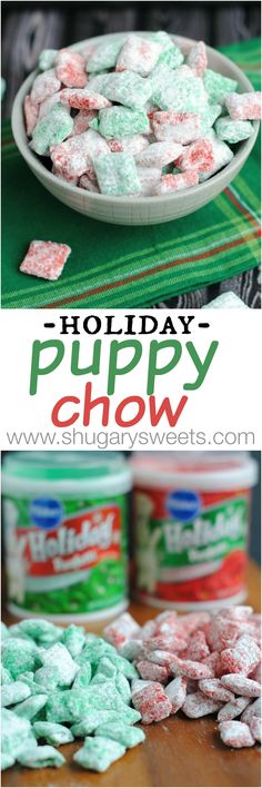 holiday puppy chow is shown in two pictures and on the table with cans of candy