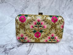 "Floral Pattern Indian Box Clutch Bags With Golden Shoulder Chain Included. These clutch bags are perfect for any day or evening occasion. Size = 8\" x 4.5\" x 2.5\" Bulk order pricing available, please message directly for any queries. *Please note, colour may vary slightly from picture. *" Rectangular Multicolor Box Bag For Party, Multicolor Rectangular Box Bag For Party, Gold Rectangular Clutch With Zari Work, Gold Embroidered Rectangular Evening Bag, Pink Embroidered Clutch For Formal Occasions, Gold Embroidered Clutch For Gift, Pink Embroidered Rectangular Evening Bag, Pink Rectangular Pouch For Formal Occasions, Gold Rectangular Clutch For Festivals