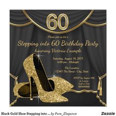 a black and gold 60th birthday party with high heel shoes on the front, and an elegant