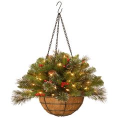 a potted christmas tree hanging from a chain with lights on it's branches