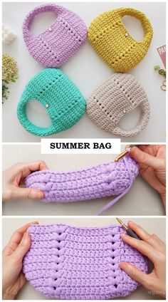 the crocheted bag is being made with yarn