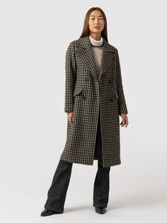 Hampton Coat - Olive Houndstooth Double Breasted Overcoat, Autumn Knitwear, Women Overcoat, Trench Coat Black, Boutique Brands, The Double, Women's Coats, Outerwear Coats, Casual Elegance