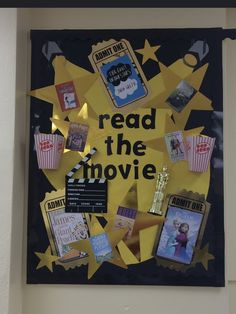 a bulletin board with pictures and words on it that says read the movie in gold stars