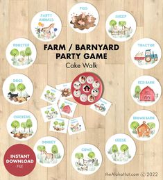 the farm / barnyard party game is shown on a wooden table with plates and cupcakes