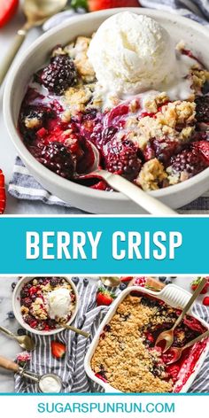 berry crisp in a bowl with ice cream on top