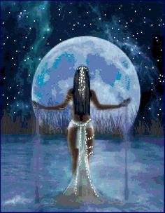 a woman standing in the water with her arms spread out, looking at the moon