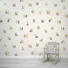 Animal Alphabet With Chair in Front Of Wallpaper Sketched Animals, Educational Nursery, Seaside Wallpaper, Tropical Art Deco, White Animals, Scandinavian Wallpaper, White Palette, Stylish Nursery, Abstract Wallpaper Design