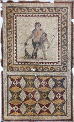 an old mosaic with a man holding a dog on it's back, and another image in the middle