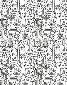 a black and white pattern with cartoon animals