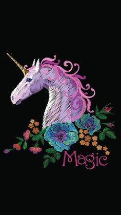 an embroidered unicorn with flowers on it's head and the word magic written in pink