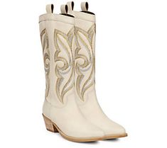 Give your personal style a flash of Western pizzazz by pulling on these iconic cowboy boots dressed up with distinctive stitching and a sturdy block heel. From Saint G. Western Mid-calf Boots With Stacked Block Heel, Western Block Heel Boots For Winter, Western Style Block Heel Heeled Boots For Winter, Chic Boots For Western-themed Events With Round Toe, Chic Round Toe Boots For Western-themed Events, Chic Boots For Western-themed Events, Dresses With Cowboy Boots, Leather Pulls, Dress With Boots