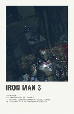 the poster for iron man 3 is displayed in front of a white background with black text