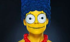 the simpsons character has blue hair and is wearing red beads