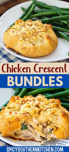 chicken crescent buns with green beans on the side, and an image of bread in the middle