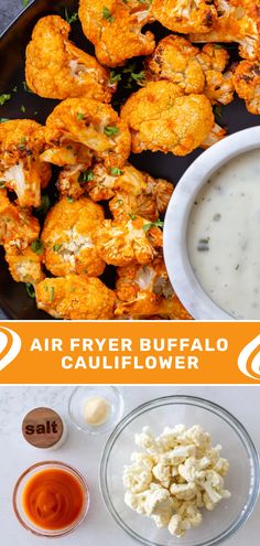 air fryer buffalo cauliflower with ranch dressing and dipping sauce on the side