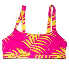 ELECTRIC PINK PALMS Sporty Bikini Top - PLAY SALTY Workout Swimwear With Bra Support And Tank Straps, Sports Swimwear With Bra Friendly Wide Straps, Sports Swimwear With Bra-friendly Wide Straps, Seamless Sports Swimwear With Wide Straps, Summer Workout Sports Bra With Padded Cups, Sporty Tank Straps Swimwear For Summer, Sporty Swimwear With Tank Straps For Summer, Sporty Swimwear With Wide Straps, Summer Sports Bra With Adjustable Wide Straps