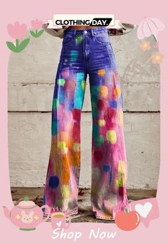 Women's Bright Art Color Block Print Casual Wide Leg Pants Multicolor Full-length Jeans For Summer, Multicolor Full-length Jeans For Spring, Multicolor Full Length Jeans For Summer, Multicolor Full Length Jeans For Spring, Spring Multicolor Full-length Jeans, Trendy Multicolor Full-length Jeans, Casual Multicolor Full-length Jeans, Multicolor High Waist Jeans For Fall, Multicolor Full Length Jeans For Fall