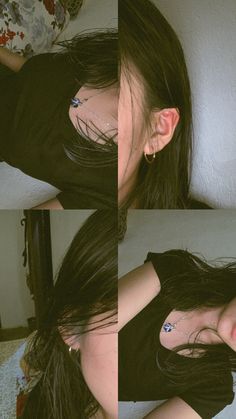 three pictures of a woman with black hair and piercings