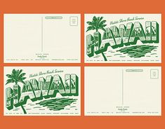 four postcards with the word hawaii in green and white on them, along with an orange background