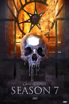 a poster for game of thrones season 7 with a skull in front of a clock