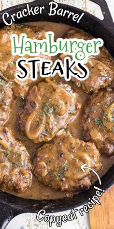 the cover of cracker barrel's hamburger steaks cookbook is shown in a cast iron skillet