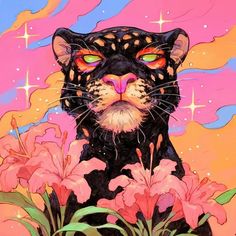 a painting of a black cat with bright eyes and pink flowers in the foreground