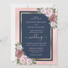 an elegant wedding card with pink flowers and gold trimmings on the front, in navy