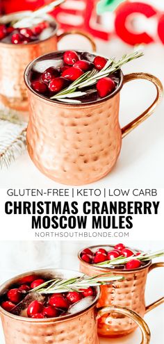 christmas cranberry moscow mules in copper mugs with rosemary sprigs