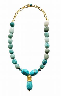 Beautiful statement necklace. Mix of amazonite, apatite, and turquoise with gold vermeil. Length is adjustable from 18-20”. Apatite Gold Necklace, Necklace Beaded, Alicante, Gold Vermeil, Turquoise Necklace, Statement Necklace, Beaded Necklace, Jewelry Making, Necklaces