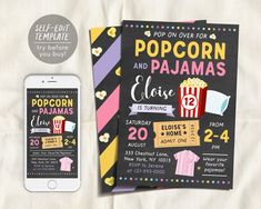 popcorn and pajamas birthday party invitation with phone