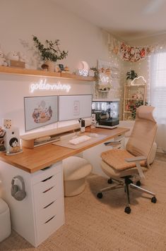 a home office with two computer screens on the desk and one chair in front of it