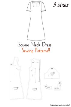 the front and back of a sewing pattern for a women's dress with short sleeves