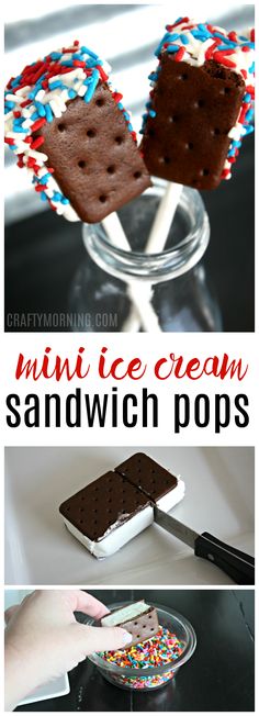 an ice cream sandwich pops recipe with chocolate and sprinkles