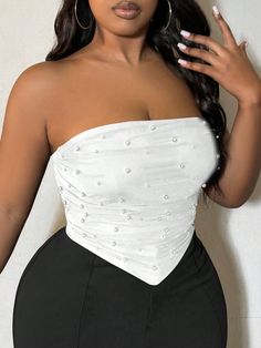 Plus Size Women's Pearls Beaded Bandana Hem Crop Tube Top,Suitable For Date Night,Birthday,Bachelorette Party Outfit ,Casul,Shopping, Streetwear,Going Out,Coquette,Easy To Match&Looks Slim,Flatter The Figure Party Tops White Casual  Sleeveless Knitted Fabric Geometric,Plain,All Over Print  High Stretch Fall Women Plus Clothing, size features are:Bust: ,Length: ,Sleeve Length: Beaded Bandana, Pleated Crop Top, Crop Tube Top, Bachelorette Party Outfit, Plus Size Vintage, Date Nights, Elegant Blouses, Cropped Tube Top, Party Tops