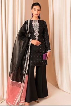 Black raw silk straight kurti pant suit,kurti Palazzo suit,stylish designer wear,indian party wear suit,party wear salwar kameez, plus size salwar kameez This beautiful raw silk dress has super elegant sequin and beads hand work all over neckline and sleeves with small motifs all over,it has bell bottom pant with pink and black shades orgenza dupatta with gota and zari lace borders ✨ You can wear this super stylish dress in any of your party, wedding and gathering and festivals ✨This dress can b Party Chanderi Straight Kurta Lawn Suit, Raw Silk Lawn Suit With Mirror Work Straight Kurta, Unstitched Chanderi Palazzo Set For Party, Party Chanderi Lawn Suit With Straight Kurta, Party Wear Straight Kurta Chanderi Lawn Suit, Party Wear Chanderi Lawn Suit With Straight Kurta, Chinon Lawn Suit With Straight Kurta For Party, Formal Organza Salwar Kameez With Mirror Work, Dabka Embellished Tissue Silk Lawn Suit With Straight Kurta