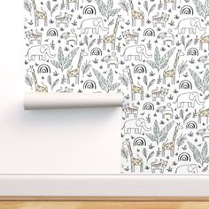 a wallpaper with an elephant and giraffe pattern on it