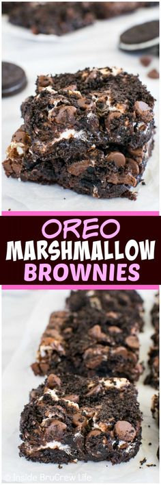 oreo marshmallow brownies are stacked on top of each other