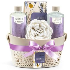 the lavender bath gift basket is filled with soaps, hand wash and lotion