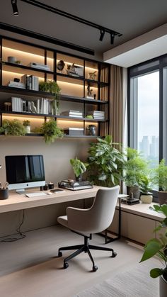 an office with a desk, computer and plants in the window sill next to it