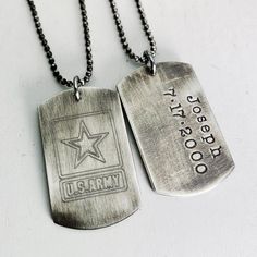 What a perfect gift to show your support for your favorite military person.This sterling silver dog tag measures 1.25" x 3/4".  Please see all pics to see size reference next to a quarter as well as a picture on model (size small adult). If you need a larger size, just send me a message as I do make several sizes.Included with your purchase is a sterling silver ball chain.Stamping on the back is available.Have a different idea? Just send me a message and we can work on your custom dog tag neckla Dog Tag Necklace Woman, Silver Jeep, Army Tags, John Mactavish, Army Dog Tag, Military Tags, Army Dogs, Stamped Dog Tags, Mickey Mouse Necklace