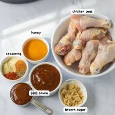 the ingredients for chicken legs are shown in bowls