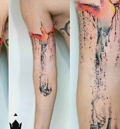 the legs and arm are covered in watercolors, while the leg is painted with black