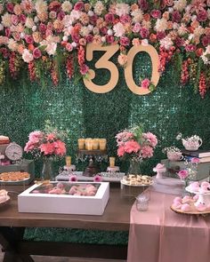 a table topped with lots of desserts and pastries next to a number sign