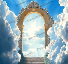 an arch in the sky with stairs leading up to it and clouds surrounding it on either side