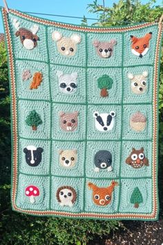 MEASUREMENTS Width: 91cm / 36” Length: 111cm / 44” PATTERN INFORMATION This cute woodland theme blanket is perfect for babies and toddlers. The squares are all started the same by making a circle with the animal colour, or plain coloured for the appliques squares. The main colour for each square is using Alpine stitch. It features 14 different woodland themed animals, leaves, toadstools and tree appliques. The edging is made with moss stitch using some of the animal colours, which finishes the b Crochet Woodland Animals Blanket, Woodland Crochet Patterns, Woodland Baby Blanket Crochet, Crochet Blanket Animals, Crochet Woodland, Woodland Baby Blanket, Crochet Baby Blanket Pattern, Animal Blanket, Crocheting Ideas