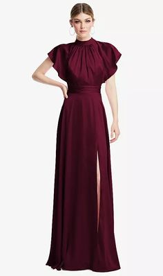 Shirred Stand Collar Flutter Sleeve Open-back Maxi Bridesmaid Dress With Sash In Cabernet | The Dessy Group Satin Dress With Sleeves, Bridesmaid Satin Dresses, Batik Dress Modern, Dark Green Bridesmaid Dress, Elegant Summer Dresses, Bridesmaid Dresses Boho, Bridesmaid Ideas, Bridesmaid Attire, Bridesmaid Dresses With Sleeves