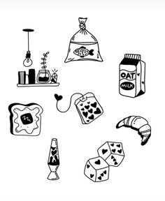 black and white drawing of food items on a table