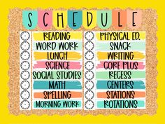 a bulletin board with the words schedule written in different colors and numbers on it,