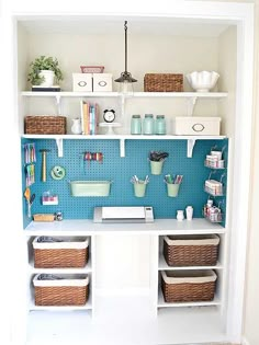 an organized craft room with shelves and baskets