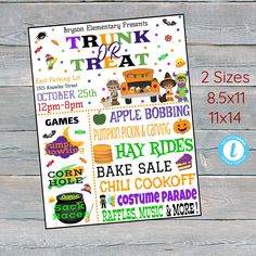 a printable poster with the words trunk to eat and pumpkins, apples, hot dogs